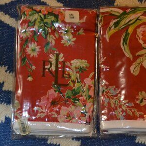 2 NEW in Package RALPH LAUREN Belle Harbor Red Floral KING Pillow Shams Cotton